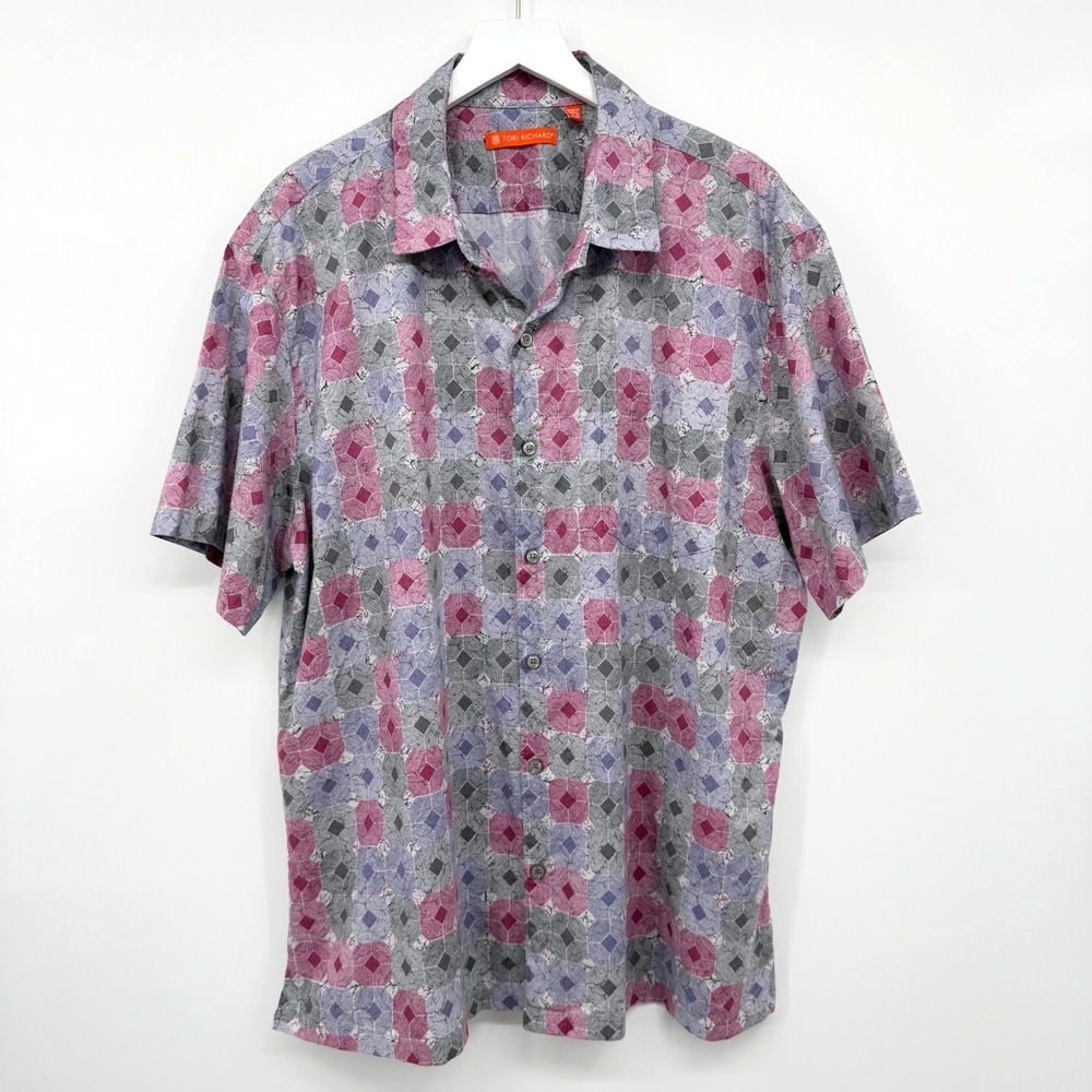 Tori Richard Shirt Mens 2XL Copyright Print Cotton Lawn Aloha Hawaii Resort Tiki